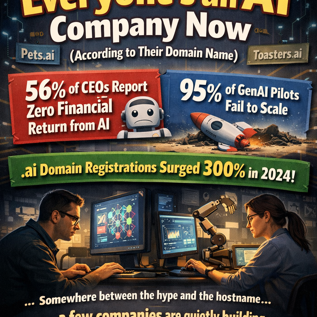 Everyones an AI Company Now According to Their Domain Name  56 of CEOs report zero financial return from AI 95 of GenAI pilots fail to scale ai domain-1